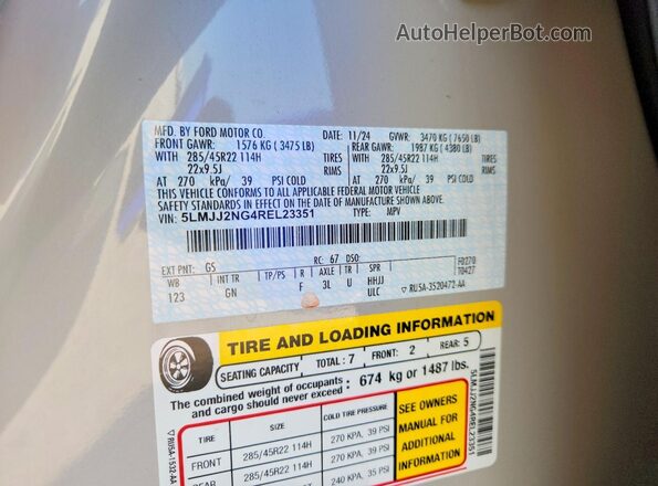 5LMJJ2NG4REL23351 2024 LINCOLN NAVIGATOR Кремовый Вид наклейки с VIN-кодом