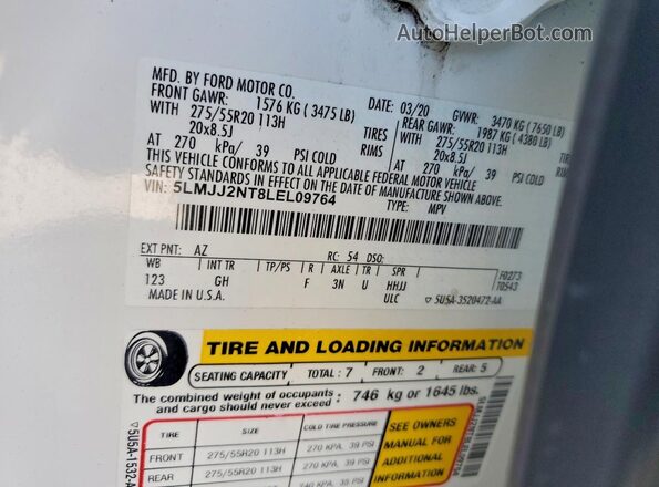 5LMJJ2NT8LEL09764 2020 LINCOLN NAVIGATOR Белый Вид наклейки с VIN-кодом