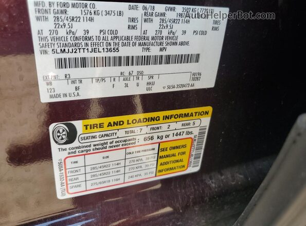 5LMJJ2TT1JEL13655 2018 LINCOLN NAVIGATOR Burgundy Вид наклейки з VIN-кодом