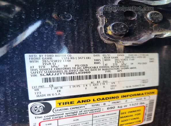 5LMJJ2TT5MEL03960 2021 LINCOLN NAVIGATOR Black Vista de la etiqueta del VIN