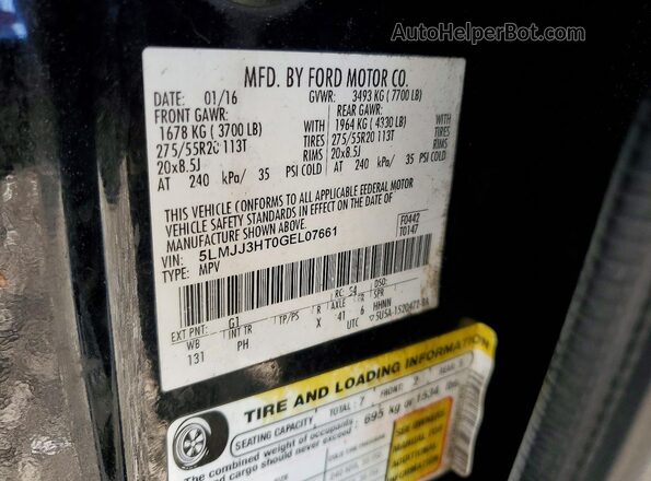 5LMJJ3HT0GEL07661 2016 LINCOLN NAVIGATOR Black Widok naklejki z numerem VIN