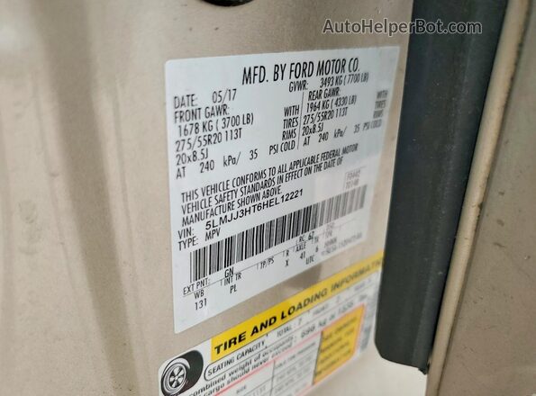 5LMJJ3HT6HEL12221 2017 LINCOLN NAVIGATOR Beige Вид наклейки з VIN-кодом