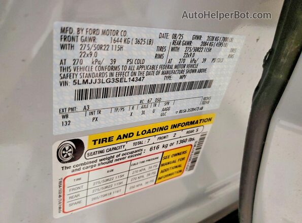 5LMJJ3LG3SEL14347 2025 LINCOLN NAVIGATOR Gray VIN კოდის სტიკერის ხედი