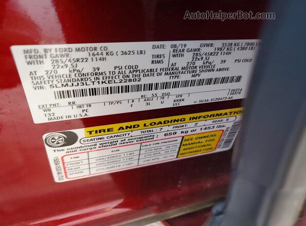 5LMJJ3LT1KEL22802 2019 LINCOLN NAVIGATOR Red Vista de la etiqueta del VIN