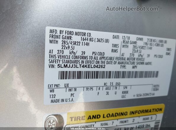 5LMJJ3LT4KEL04262 2019 LINCOLN NAVIGATOR L Silver ძრავის განყოფილების ხედი