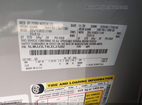 5LMJJ3LT4LEL23282 2020 LINCOLN NAVIGATOR Gray Widok komory silnika