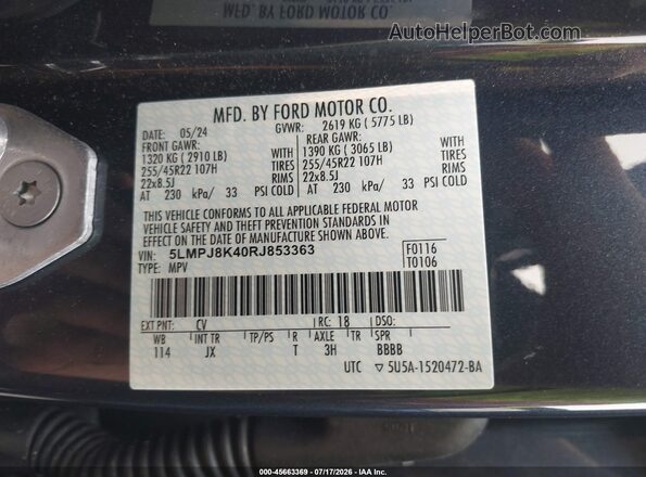 5LMPJ8K40RJ853363 2024 LINCOLN NAUTILUS Dark Blue Շարժիչի բաժամունքի տեսք