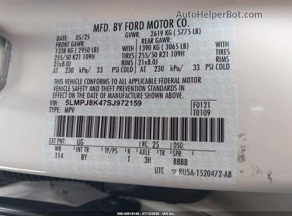 5LMPJ8K47SJ972159 2025 LINCOLN NAUTILUS White Շարժիչի բաժամունքի տեսք