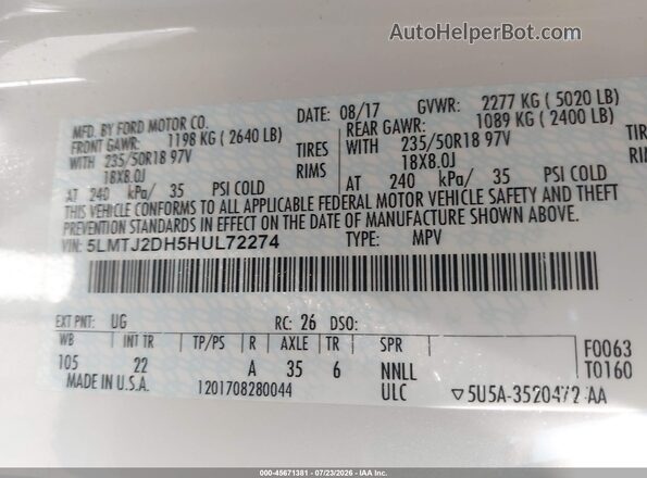 5LMTJ2DH5HUL72274 2017 LINCOLN MKC White Շարժիչի բաժամունքի տեսք