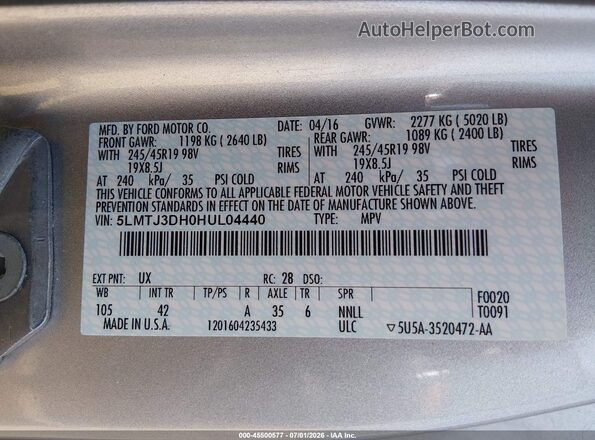 5LMTJ3DH0HUL04440 2017 LINCOLN MKC Silver Widok komory silnika