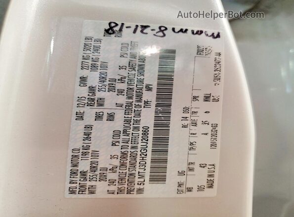 5LMTJ3DH2GUJ20860 2016 LINCOLN MKC White Widok naklejki z numerem VIN