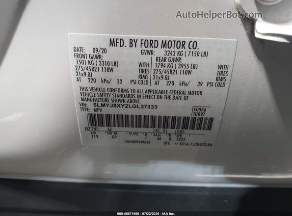 5LMYJ8XY2LGL37333 2020 LINCOLN AVIATOR White Vista del compartimento del motor