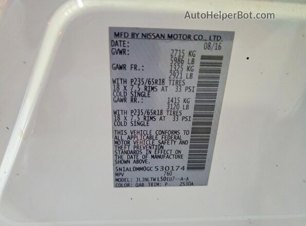 5N1AL0MM0GC530174 2016 INFINITI QX60 White VIN sticker view