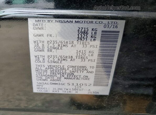5N1AL0MM1GC511052 2016 INFINITI QX60 Black Widok naklejki z numerem VIN