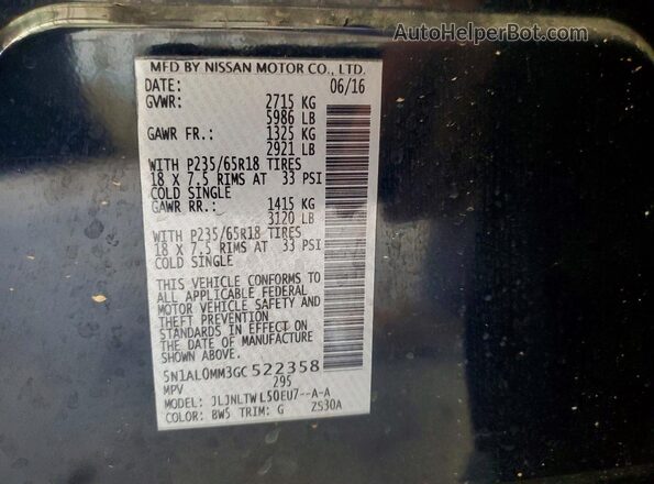 5N1AL0MM3GC522358 2016 INFINITI QX60 Blue VIN sticker view