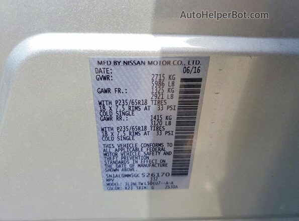 5N1AL0MM5GC526170 2016 INFINITI QX60 Silver VIN կոդի պիտակի տեսք