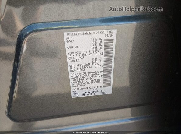 5N1AL0MM6GC512049 2016 INFINITI QX60 Gray Շարժիչի բաժամունքի տեսք