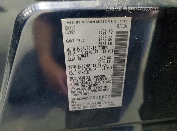 5N1AL0MM6GC528672 2016 INFINITI QX60 Blue Widok naklejki z numerem VIN