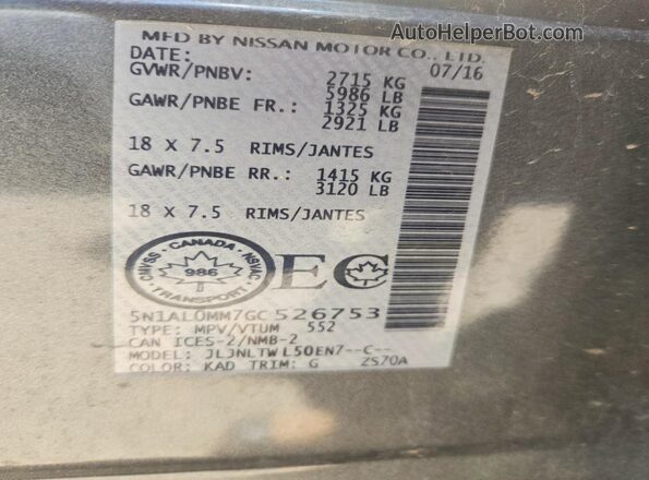 5N1AL0MM7GC526753 2016 INFINITI QX60 Gray VIN sticker view