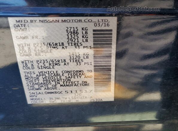 5N1AL0MM8GC511517 2016 INFINITI QX60 Blue Widok komory silnika