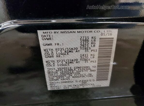 5N1AL0MM8GC520055 2016 INFINITI QX60 Black VIN sticker view
