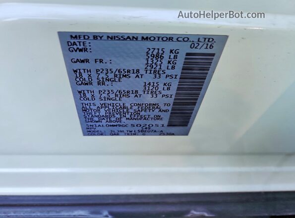 5N1AL0MM9GC502051 2016 INFINITI QX60 White VIN կոդի պիտակի տեսք