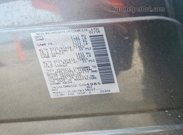 5N1AL0MN5GC504985 2016 INFINITI QX60 Charcoal VIN կոդի պիտակի տեսք