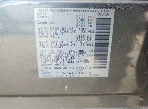 5N1AL0MN6GC502971 2016 INFINITI QX60 Gray Vista de la etiqueta del VIN