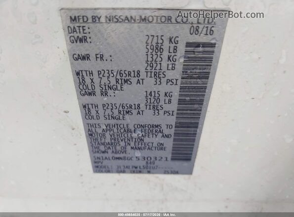 5N1AL0MN8GC530321 2016 INFINITI QX60 White Engine compartment view