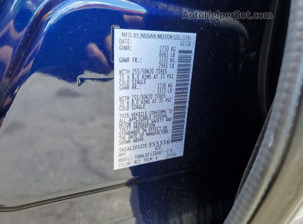 5N1AL1FS1TC355316 2026 INFINITI QX60 Blue VIN կոդի պիտակի տեսք
