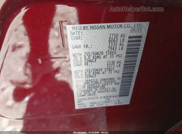 5N1AL1FS2TC340940 2026 INFINITI QX60 Burgundy Widok komory silnika