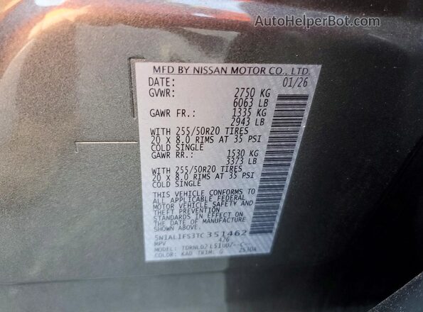 5N1AL1FS3TC351462 2026 INFINITI QX60 Gray Вид наклейки з VIN-кодом