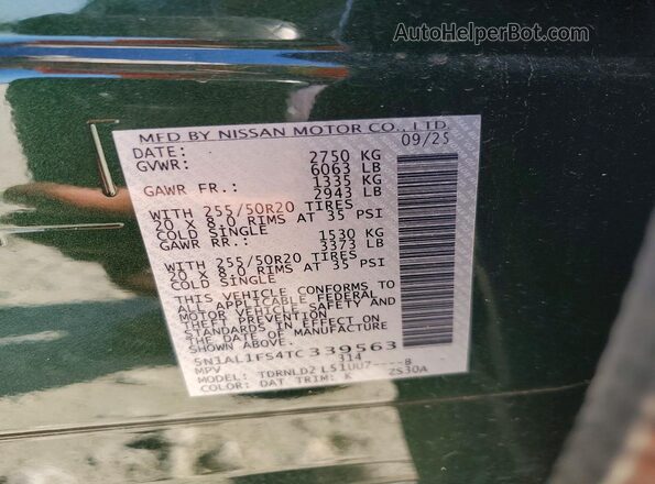5N1AL1FS4TC339563 2026 INFINITI QX60 Green VIN կոդի պիտակի տեսք