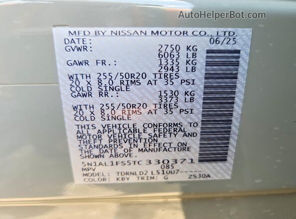 5N1AL1FS5TC330371 2026 INFINITI QX60 Серый Вид наклейки с VIN-кодом