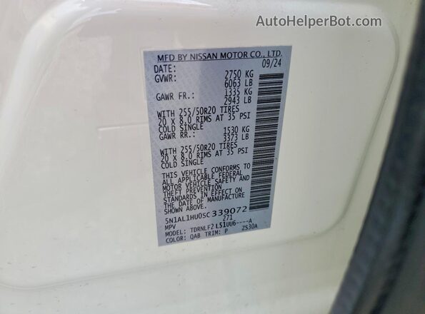 5N1AL1HU0SC339072 2025 INFINITI QX60 White Widok naklejki z numerem VIN