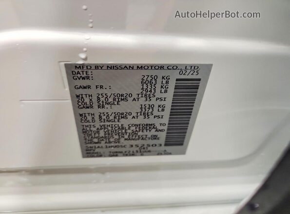5N1AL1HU0SC352503 2025 INFINITI QX60 White Widok naklejki z numerem VIN