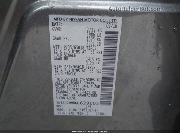 5N1AR2MM0GC629605 2016 NISSAN PATHFINDER Gray ძრავის განყოფილების ხედი