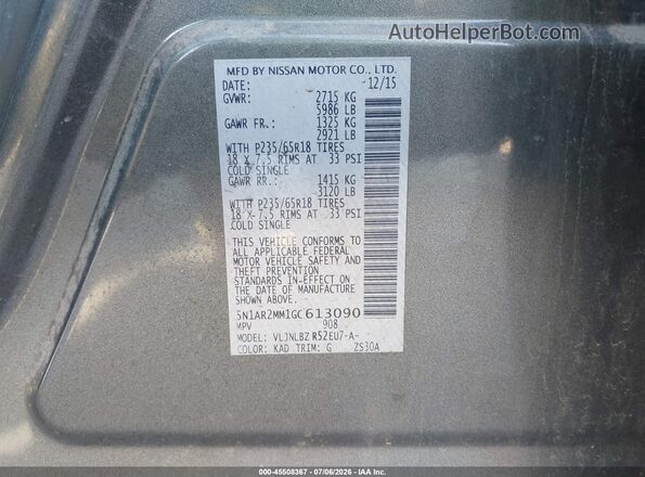 5N1AR2MM1GC613090 2016 NISSAN PATHFINDER Gray Widok komory silnika
