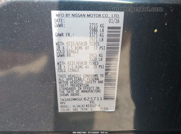 5N1AR2MM1GC625711 2016 NISSAN PATHFINDER Gray Vista del compartimento del motor