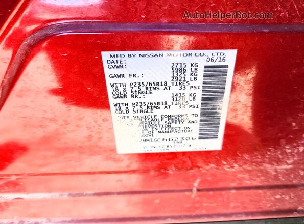 5N1AR2MM1GC662306 2016 NISSAN PATHFINDER Red VIN კოდის სტიკერის ხედი
