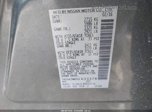 5N1AR2MM2GC633378 2016 NISSAN PATHFINDER Серый Вид подкапотного пространства