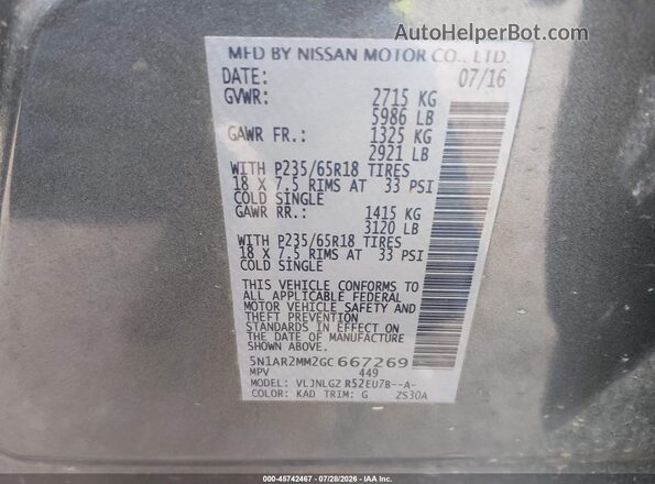 5N1AR2MM2GC667269 2016 NISSAN PATHFINDER Gray ძრავის განყოფილების ხედი