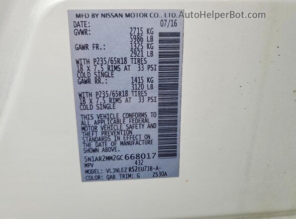 5N1AR2MM2GC668017 2016 NISSAN PATHFINDER White VIN sticker view