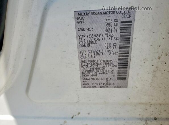 5N1AR2MM3GC628951 2016 NISSAN PATHFINDER Белый Вид наклейки с VIN-кодом