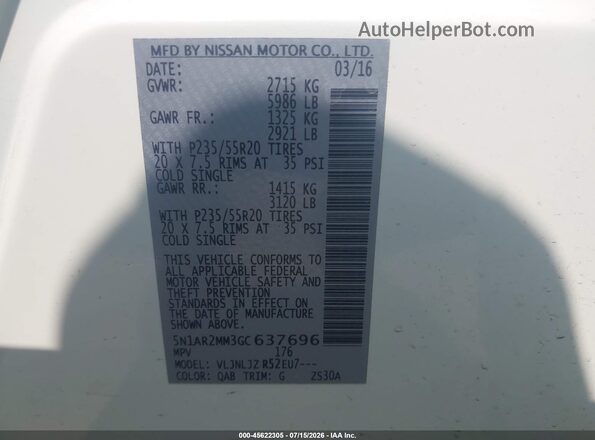 5N1AR2MM3GC637696 2016 NISSAN PATHFINDER White Vista del compartimento del motor