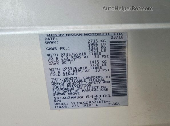 5N1AR2MM3GC644101 2016 NISSAN PATHFINDER Silver VIN კოდის სტიკერის ხედი