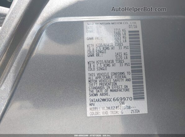 5N1AR2MM3GC669970 2016 NISSAN PATHFINDER Gray ძრავის განყოფილების ხედი