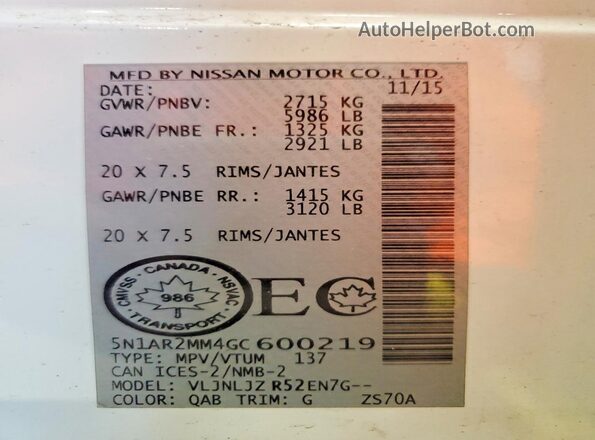 5N1AR2MM4GC600219 2016 NISSAN PATHFINDER White Widok naklejki z numerem VIN