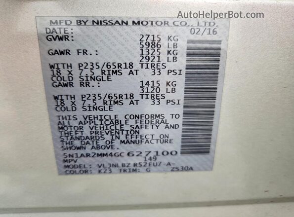 5N1AR2MM4GC627100 2016 NISSAN PATHFINDER Silver VIN կոդի պիտակի տեսք