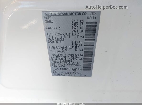 5N1AR2MM4GC634094 2016 NISSAN PATHFINDER White Widok komory silnika